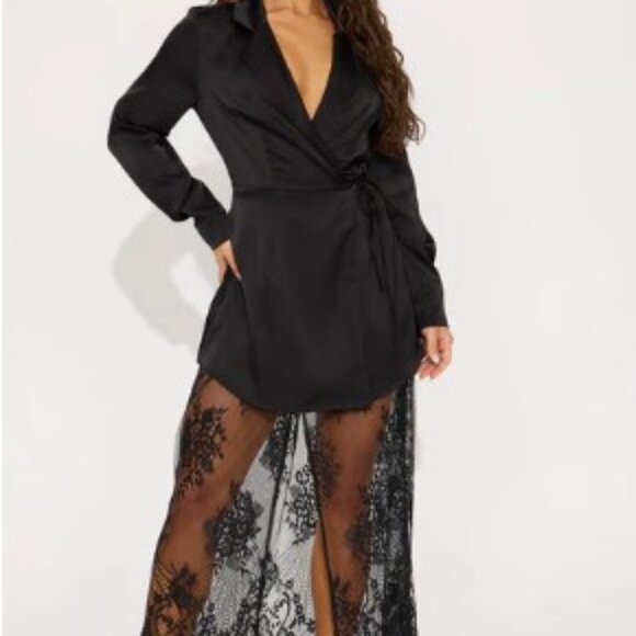 NWT Black.Satin Blazer Maxi Dress with Lace Skirt - Picture 1 of 5